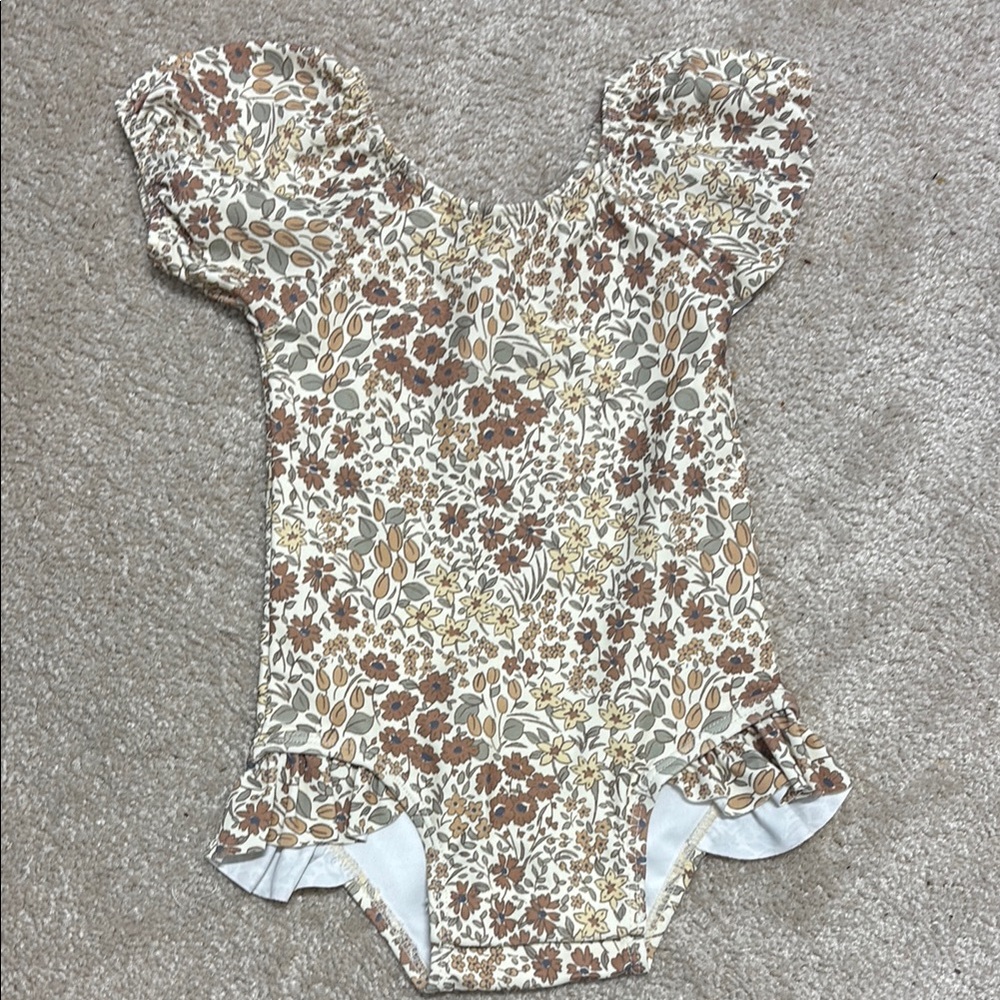 Quincy Mae Brown and Cream Floral Bodysuit with Ruffled Sleeves